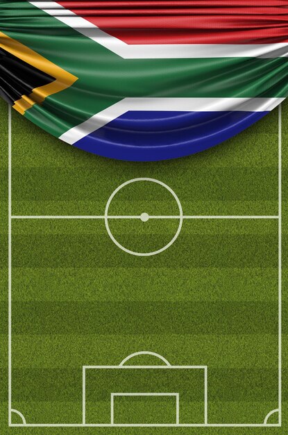 Bandeira do país da África do Sul drapejada sobre um campo de futebol de futebol 3D Rendering