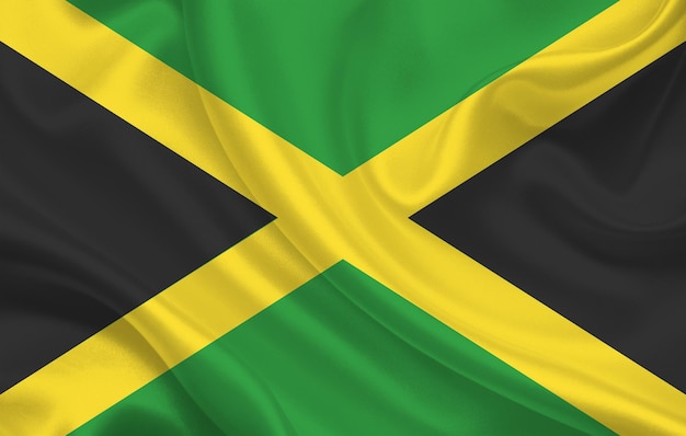 Bandeira do país da Jamaica em panorama de fundo de tecido de seda ondulado - ilustração