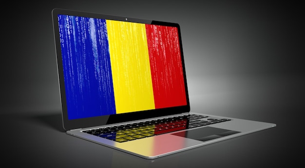 Bandeira do país da Romênia e código binário na ilustração 3D da tela do laptop