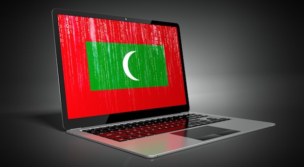 Bandeira do país das Maldivas e código binário na ilustração 3D da tela do laptop