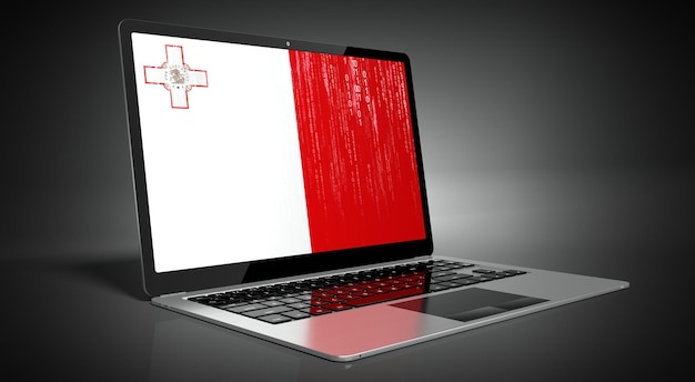 Bandeira do país de Malta e código binário na ilustração 3D da tela do laptop