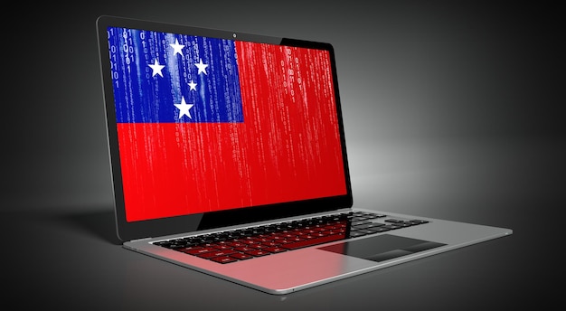 Bandeira do país de Samoa e código binário na ilustração 3D da tela do laptop