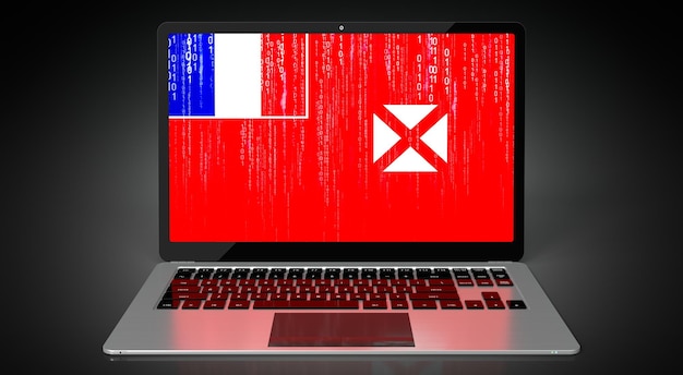 Foto bandeira do país de wallis e futuna e código binário na ilustração 3d da tela do laptop