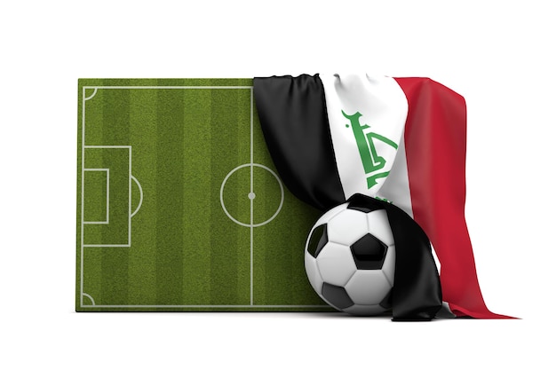Bandeira do país do Iraque drapejada sobre um campo de futebol de futebol e renderização em 3D da bola
