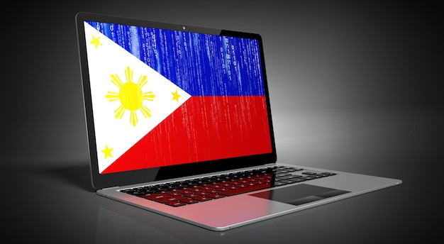 Bandeira do país Filipinas e código binário na ilustração 3D da tela do laptop
