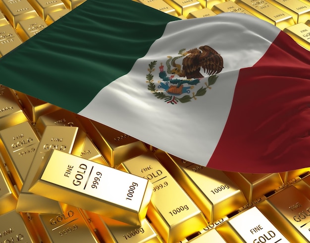 Bandeira do país nacional do México em barras de lingotes de ouro