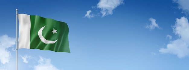 Bandeira do Paquistão renderização tridimensional isolada em um céu azul Ilustração 3D de banner horizontal