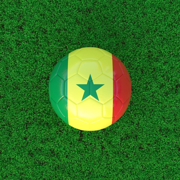 Bandeira do Senegal em bola de futebol com fundo de grama