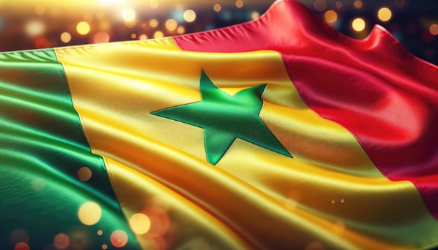 Bandeira do Senegal iluminada com luzes bokeh simbolizando celebração e orgulho nacional