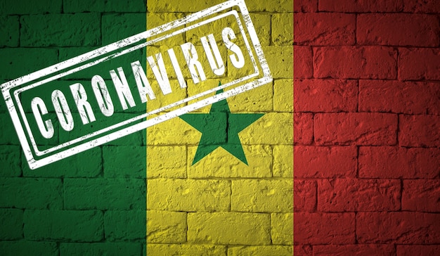 Bandeira do Senegal na textura da parede de tijolo. carimbado de Coronavirus. Conceito de vírus corona. À beira de uma pandemia COVID-19 ou 2019-nCoV. Novo surto de Coronavírus Chinês