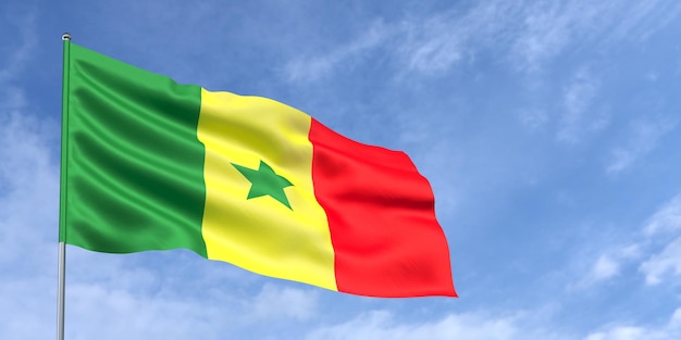 Bandeira do Senegal no mastro da bandeira no fundo do céu azul Bandeira do Senegal tremulando ao vento contra um céu com nuvens Lugar para ilustração 3d de texto