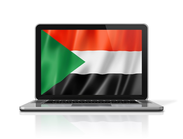 Bandeira do Sudão na tela do laptop isolada no branco. Ilustração 3D render.