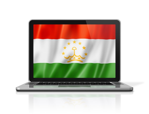 Bandeira do Tajiquistão na tela do laptop isolada no branco. Ilustração 3D render.