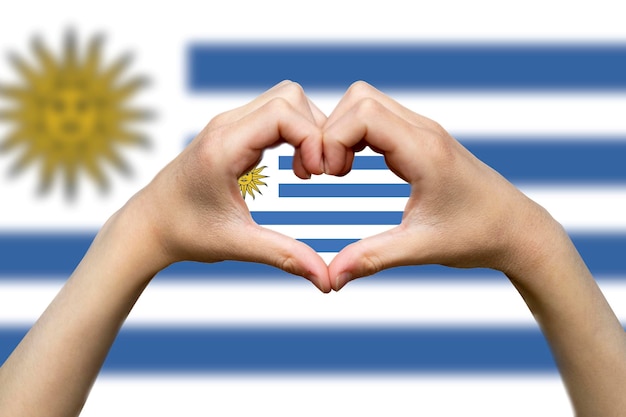 Foto bandeira do uruguai com duas mãos forma de coração desenho vetorial expressar amor ou afeição conceito mão