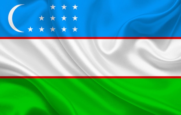Bandeira do Uzbequistão no panorama de fundo de tecido de seda ondulado - ilustração