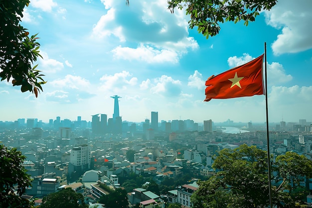 Foto bandeira do vietnã agitando devido ao vento cidade de hanoi no fundo hanoi é a capital do vietnão