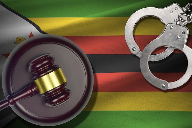 Foto bandeira do zimbábue com martelo de juiz e algemas no conceito de quarto escuro de criminoso e punição backgr