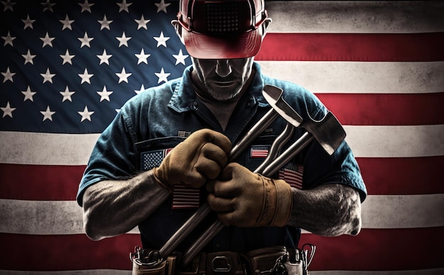Bandeira dos Estados Unidos com trabalhador