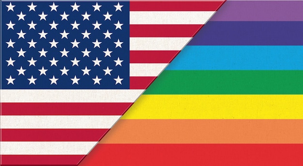 Bandeira dos Estados Unidos e diversidade sexual Bandeira americana e cores do arco-íris Símbolo da comunidade lgbt na superfície do tecido Símbolo nacional dos Estados Unidos da América com minorias sexuais Bandeira multicolor
