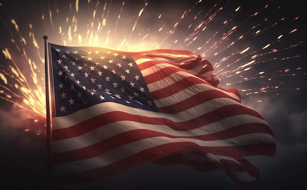 Bandeira dos Estados Unidos e fogos de artifício ao pôr-do-sol 3D render realista 4 de julho dia da independência
