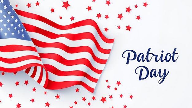 Bandeira dos Estados Unidos em fundo claro e palavras Dia do Patriota