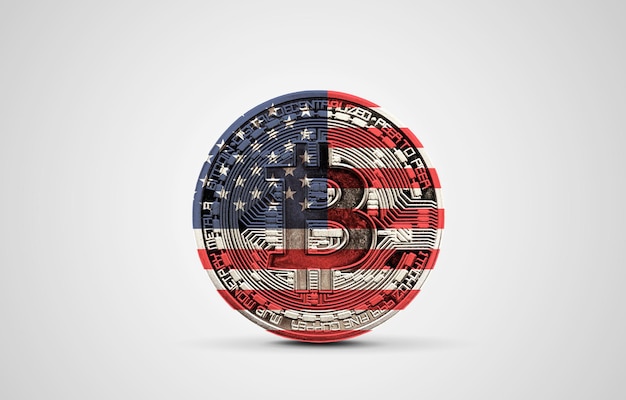 Bandeira dos eua em uma renderização de moeda de criptomoeda bitcoin d
