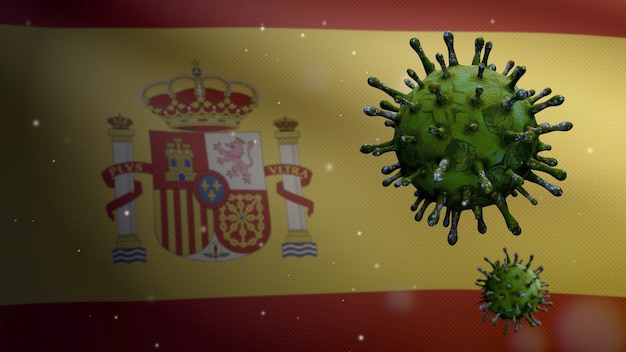 Bandeira espanhola acenando e o conceito de coronavirus 2019 ncov. surto asiático na espanha, o coronavírus da gripe é tão perigoso quanto uma pandemia. vírus do microscópio covid19 close-up