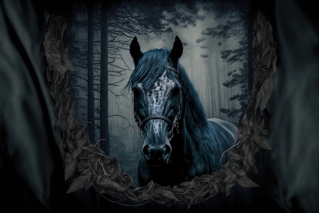 Bandeira fantasma de cavalo misterioso na floresta