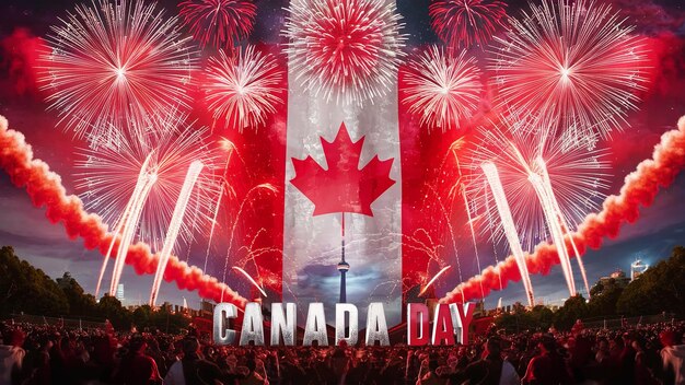 Bandeira de Feliz Día de Canadá para el fondo de fuegos artificiales del día de Canadá