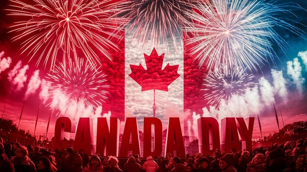 Bandeira de Feliz Día de Canadá para el fondo de fuegos artificiales del día de Canadá