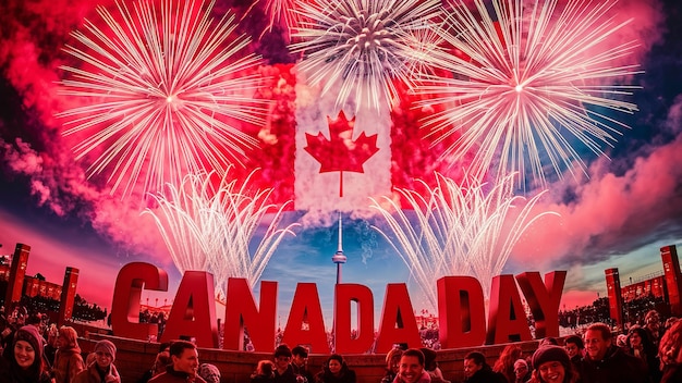 Bandeira de Feliz Día de Canadá para el fondo de fuegos artificiales del día de Canadá