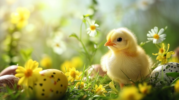 Bandeira festiva horizontal de Páscoa com uma galinha bonita e ovos de Páscua coloridos na grama verde Vista frontal Natureza de primavera em flor