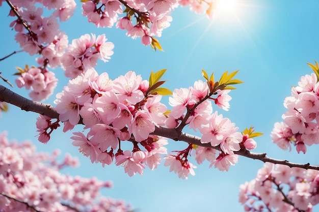 Bandeira horizontal com flores de sakura de cor rosa em fundo ensolarado