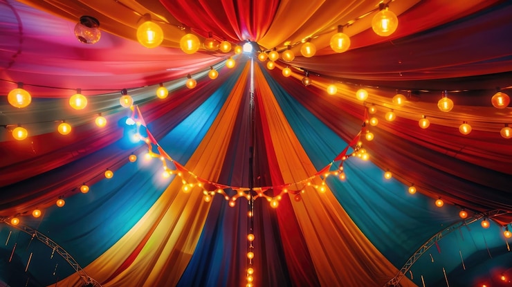Foto bandeira horizontal fundo abstrato cúpula de circo listrada vermelha decorada com guirlandas brilhantes spotlight luz brilho e brilho efeito bokeh espaço de cópia espaço livre para texto