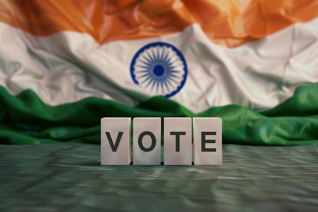 Bandeira indiana com a palavra VOTE escrita em cima construída de cubos de madeira branca
