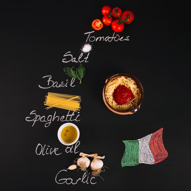 Bandeira italiana perto de ingredientes para macarrão