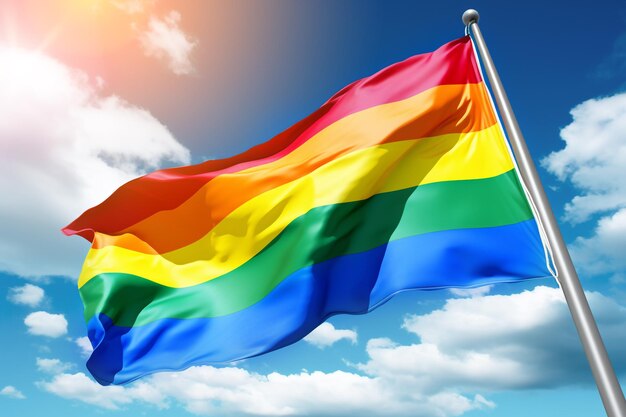 Foto bandeira lgbt ondeando en el fondo del cielo concepto de amor bandeira de orgullo lgbt ondeando contra el telón de fondo del cielo