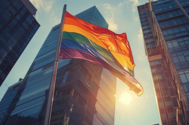 Bandeira LGBTQ agitando ao ar livre na cidade Celebração do Orgulho IA geradora