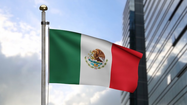 Bandeira mexicana balançando ao vento na cidade moderna