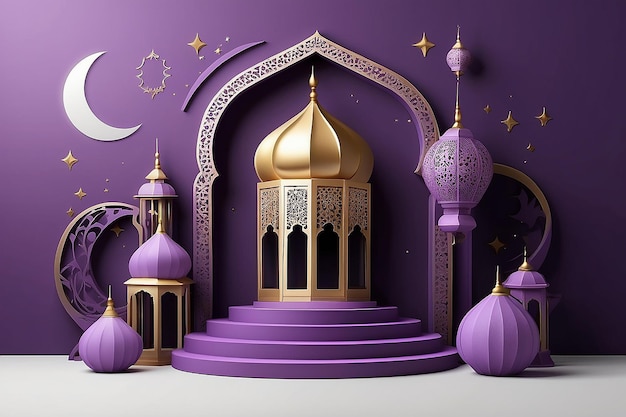 Bandeira moderna de férias islâmicas em 3d em design monótono roxo Display pódio com lanterna do Ramadan