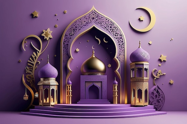 Bandeira moderna de férias islâmicas em 3d em design monótono roxo Display pódio com lanterna do Ramadan