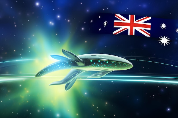 Bandeira nacional da Austrália ondulando no vento contra o céu azul Bandeira ondulada no céu com raios de sol