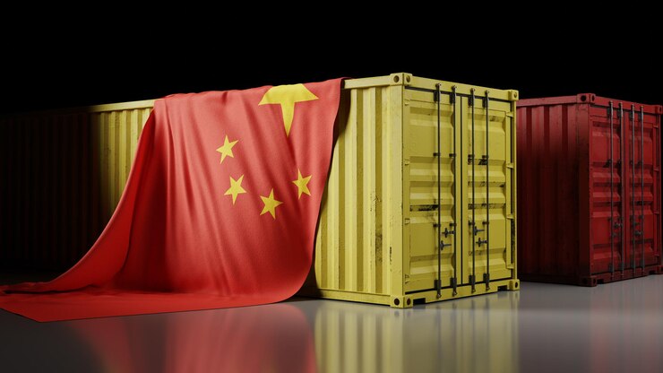 Bandeira nacional da China e renderização em 3d de caixa de contêiner