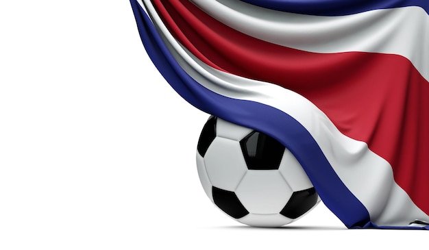 Bandeira nacional da Costa Rica drapejada sobre uma bola de futebol de futebol 3D Rendering