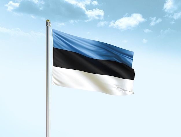 Bandeira nacional da Estônia acenando no céu azul com nuvens ilustração 3D da bandeira da Estônia