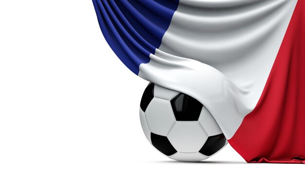 Bandeira nacional da França drapejada sobre uma rendição 3D da bola do futebol do futebol