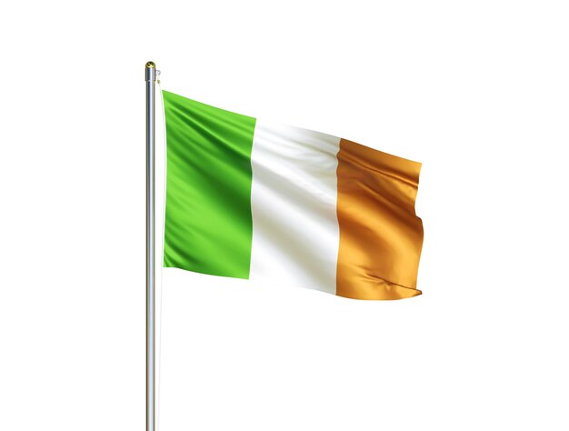 Bandeira nacional da Irlanda acenando em fundo branco isolado Ilustração 3D da bandeira da Irlanda