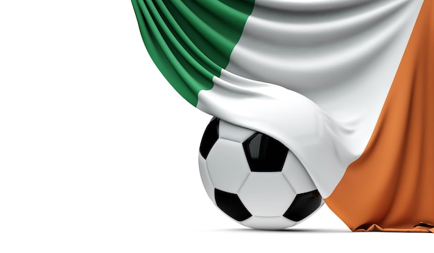 Bandeira nacional da Irlanda drapejada sobre uma bola de futebol de futebol 3D Rendering