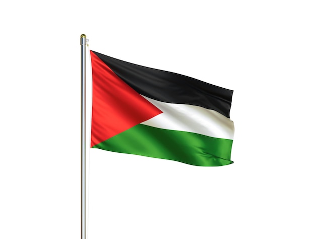 Bandeira nacional da Palestina acenando em fundo branco isolado Ilustração 3D da bandeira da Palestina