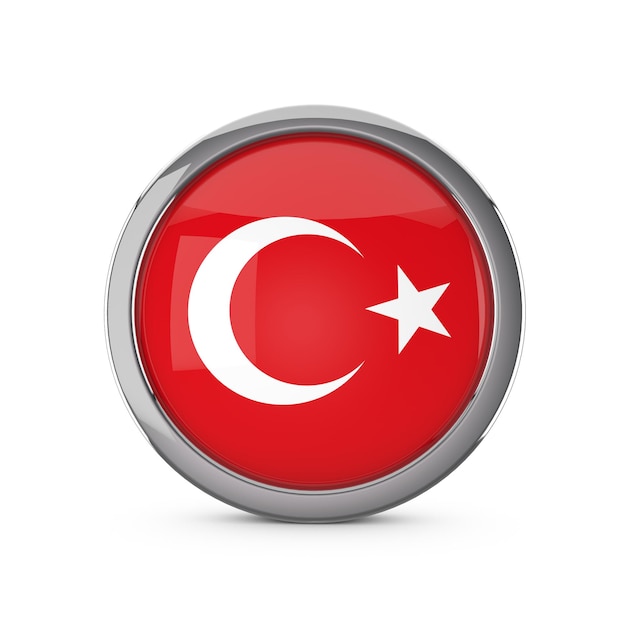 Bandeira nacional da turquia em forma de círculo brilhante com renderização em 3d de moldura cromada